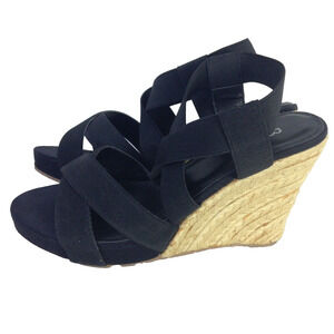 Bakers Espadrille Wedges Womens 8 Sally Black Beige Open Toe Sandel
